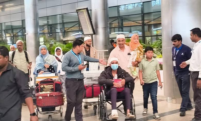 Mohammed Abdul Shoeb, the sole Hyderabad survivor of the Madinah bus crash, arrives at RGIA in a wheelchair, assisted by relatives and staff.