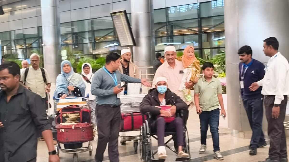 Mohammed Abdul Shoeb, the sole Hyderabad survivor of the Madinah bus crash, arrives at RGIA in a wheelchair, assisted by relatives and staff.