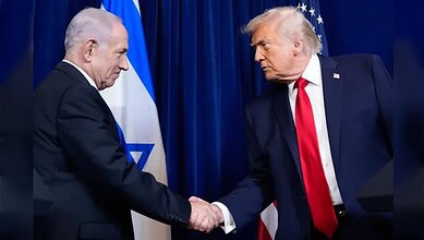 Israeli Prime Minister Benjamin Netanyahu shakes hands with US President Donald Trump at Mar-a-Lago.