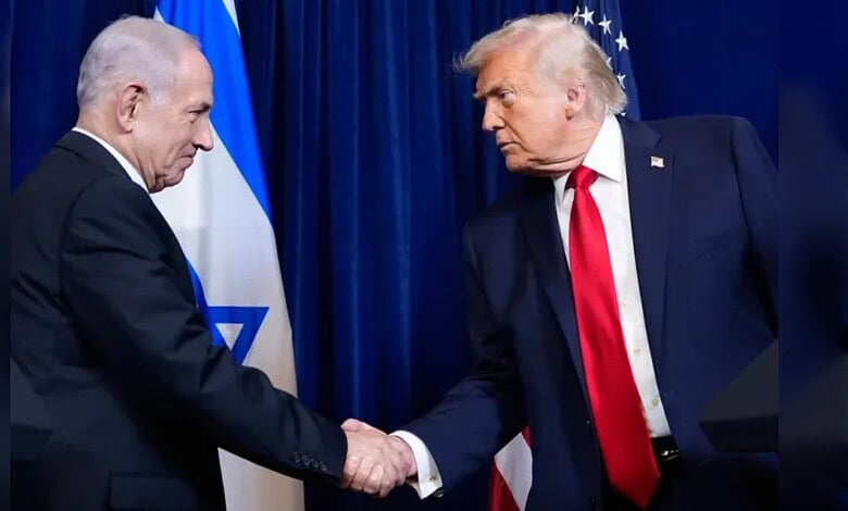 Israeli Prime Minister Benjamin Netanyahu shakes hands with US President Donald Trump at Mar-a-Lago.