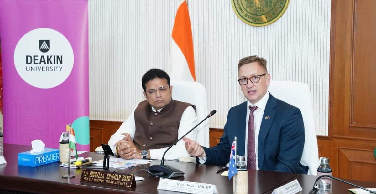 Image of Telangana IT minister Sridhar Babu with Australia Minister for International Education, Julian Hill.