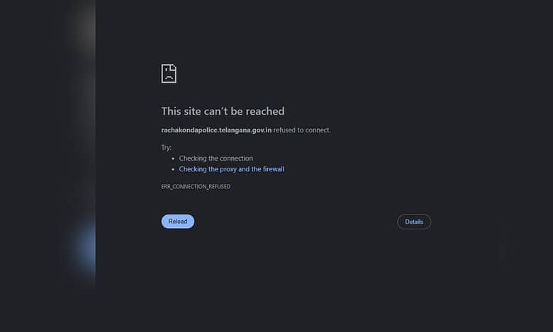 Connection error page showing rachakondapolice.telangana.gov.in refused to connect with ERR_CONNECTION_REFUSED message