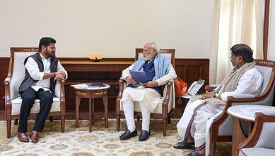 Image shows Telangana CM Revanth Reddy with Prime Minister Modi and Deputy CM Bhatti