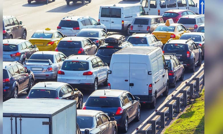 Image showing cars lined up in a traffic jam