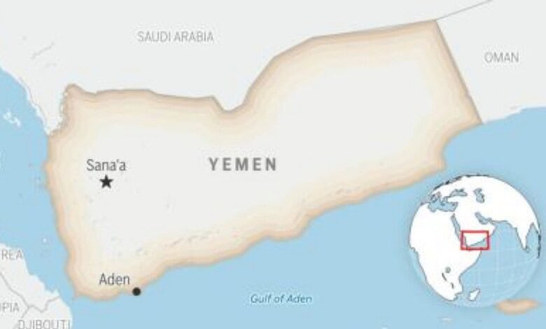 Locator map showing Yemen and its capital, Sanaa.