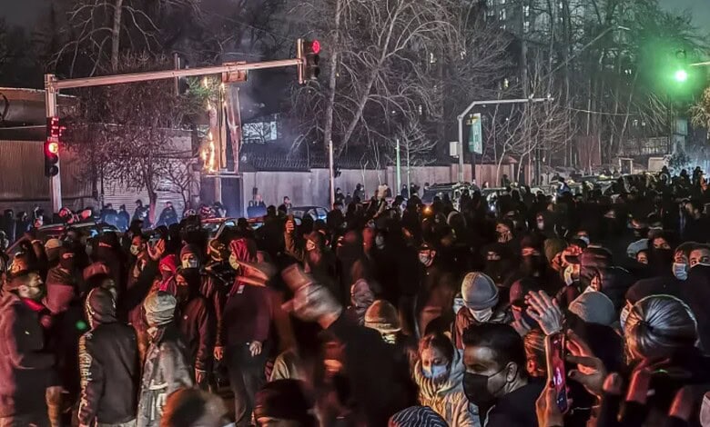 Iranians gather while blocking a street during a protest in Tehran, Iran on January 9. (MAHSA/Middle East Images)