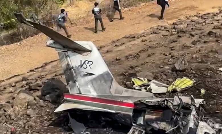 Remains of Maharashtra Deputy Chief Minister Ajit Pawar's plane that crashed during landing, near Baramati in Pune district, Maharashtra (Source: PTI)