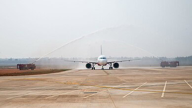 Air India flight welcomes with water cannons at the Bhogapuram International Airport