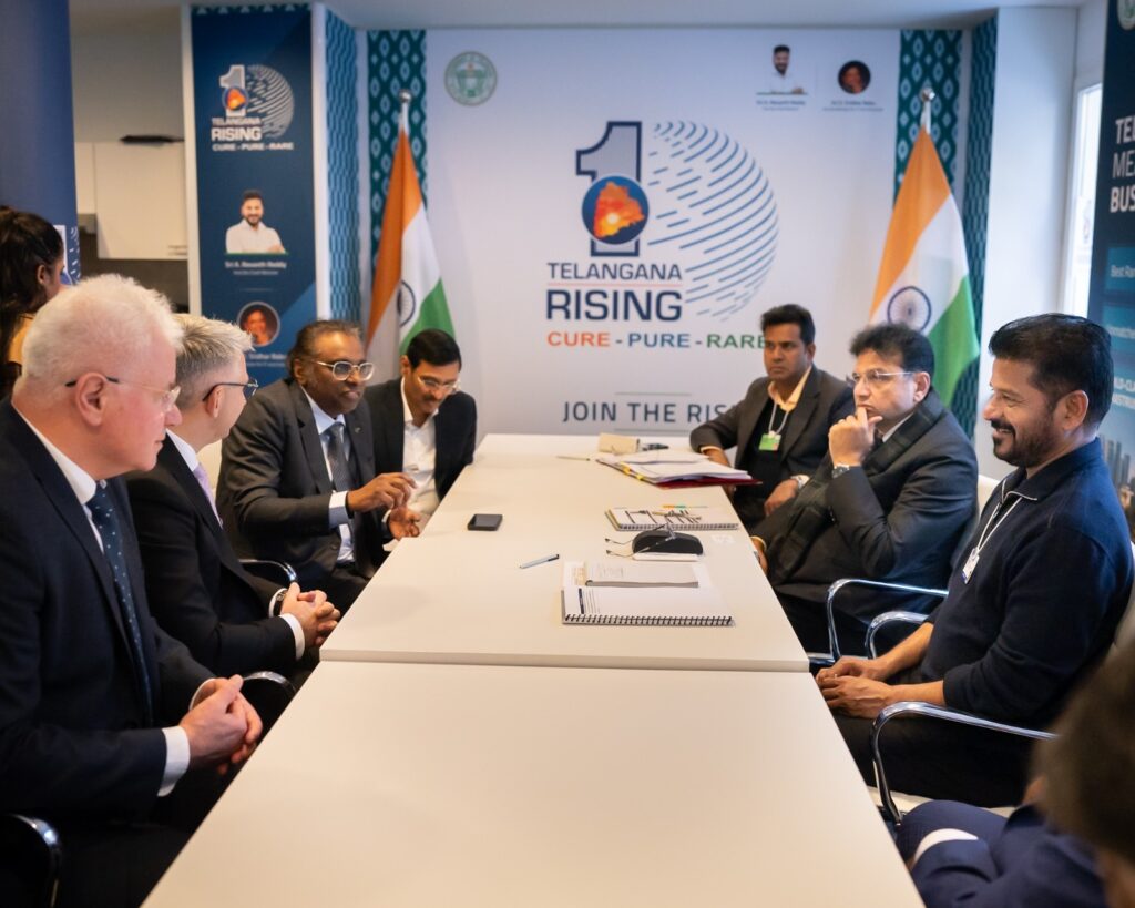 Telangana delegation ina meeting with NUkler Products, a Slovakia-based IQ Capital and India-based Green House Enviro at the 2026 WEF on January 21.