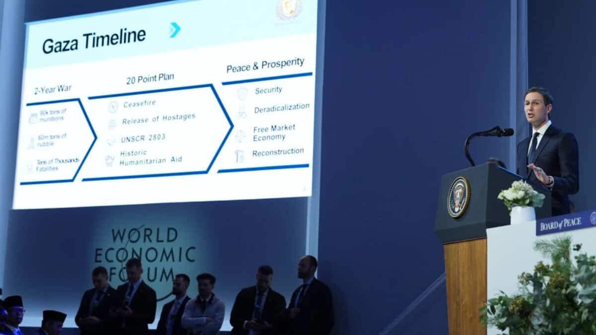 Jared Kushner speaks after the signing of a Board of Peace charter during the Annual Meeting of the world Economic Forum in Davos, Switzerland, Thursday, January 22. (Source AP)