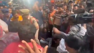 Unemployed youth protest over pending Job Calendar at Ashok Nagar X roads.