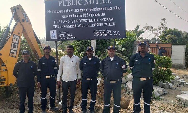 HYDRAA prevents sand dumping in Mella Cheruvu FTL in Sangareddy