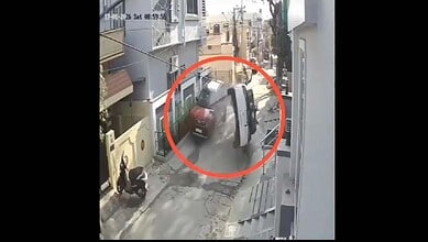 Car flips after hitting parked vehicle in Hyderabad