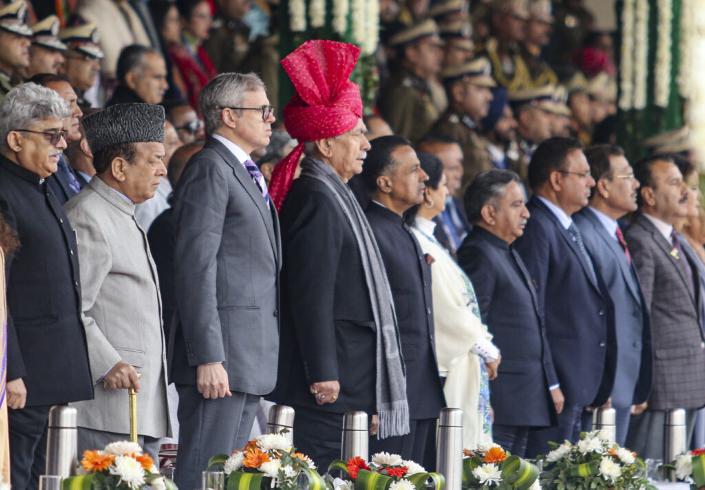Jammu and Kashmir Lt Governor Manoj Sinha with Chief Minister Omar Abdullah during the 77th Republic Day Parade, at Maulana Azad Stadium
