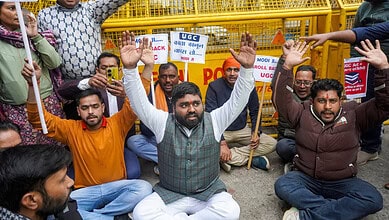 People from upper caste communities stage a protest outside the University Grants Commission headquarters, saying that the new regulations issued by the commission could lead to chaos on campuses