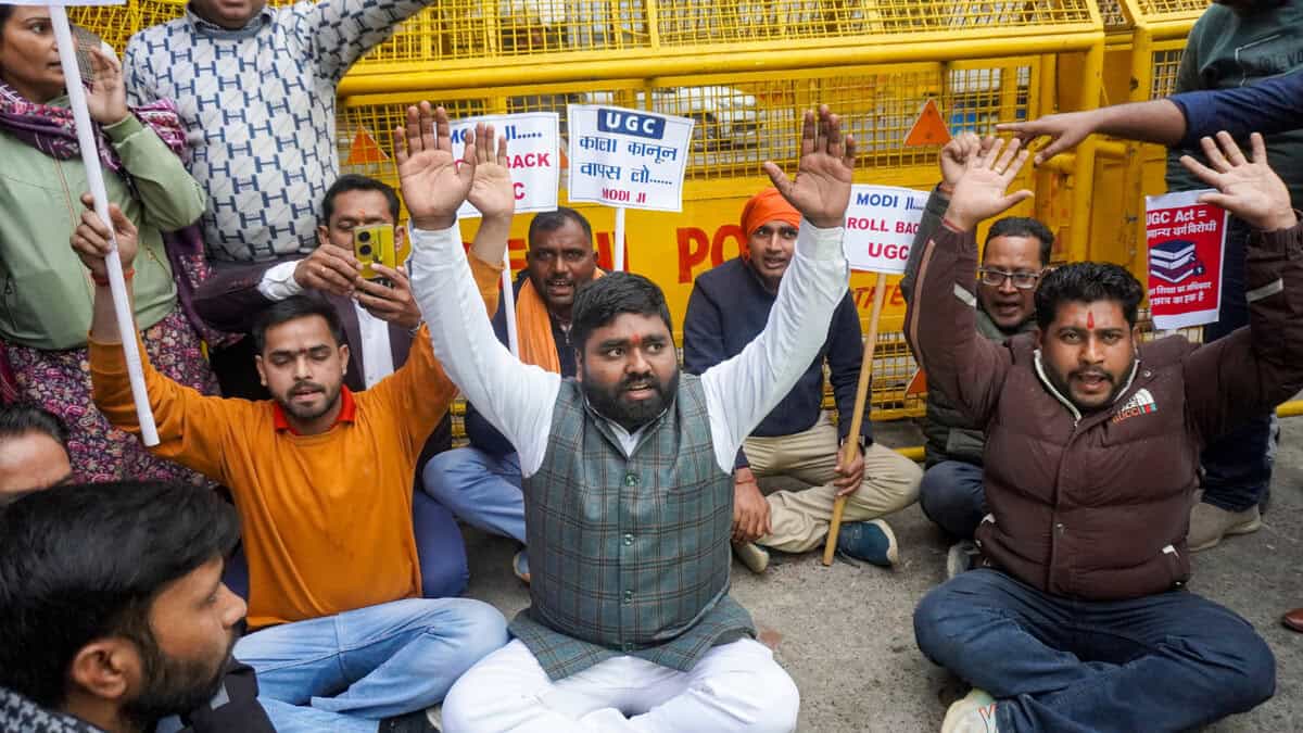 People from upper caste communities stage a protest outside the University Grants Commission headquarters, saying that the new regulations issued by the commission could lead to chaos on campuses