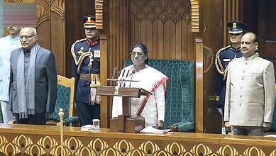 President Droupadi Murmu addresses the joint sitting of both Houses on the first day of the Budget session, in New Delhi, Wednesday, Jan. 28, 2026. (Sansad TV via PTI Photo)