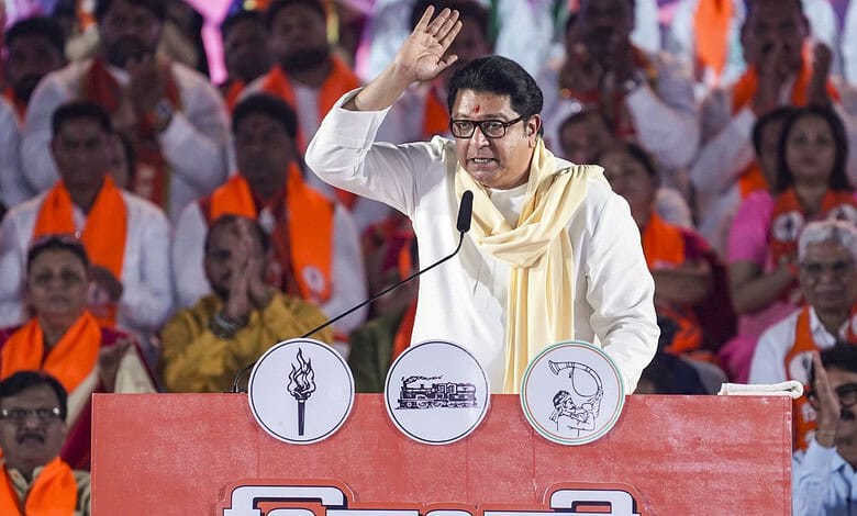 Maharashtra Navnirman Sena (MNS) chief Raj Thackeray addresses a Shiv Sena (UBT)-MNS joint rally ahead of the Brihanmumbai Municipal Corporation (BMC) election in Mumbai on Friday (PTI Photo/Shashank Parade)