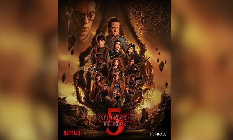 Stranger Things Season 5 poster featuring ensemble cast surrounded by dark supernatural imagery
