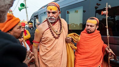 Swami Avimukteshwaranand Saraswati leaves from the ongoing 'Magh Mela' festival, in Prayagraj (Source PTI)