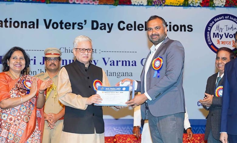Telangana Governor Jishnu Dev Varma with GHMC Commissioner and District Election Officer, RV Karnan