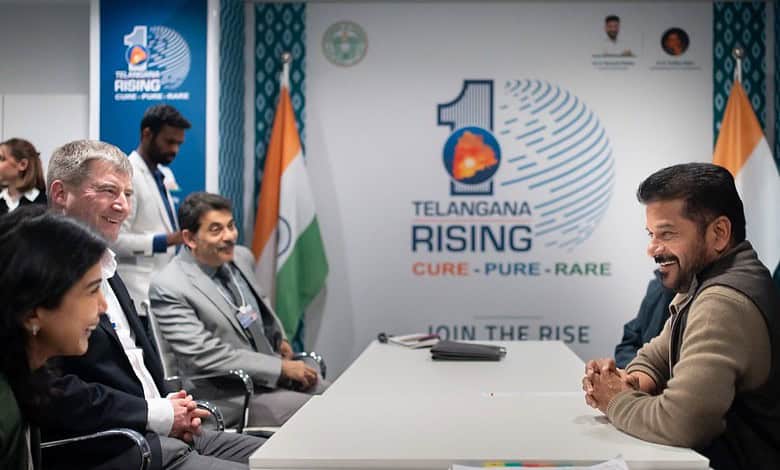 Telangana Chief Minister Revanth Reddy meets WEF Managing Director Jeremy Jurgens.