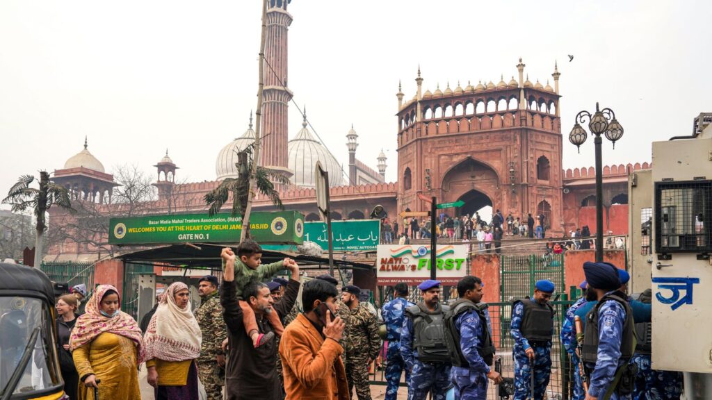 New Delhi: Security personnel stand guard during Friday prayers at Jama Masjid, in the wake of recent Turkman Gate demolition, in New Delhi, Friday, Jan. 9, 2026. (PTI Photo/Karma Bhutia)