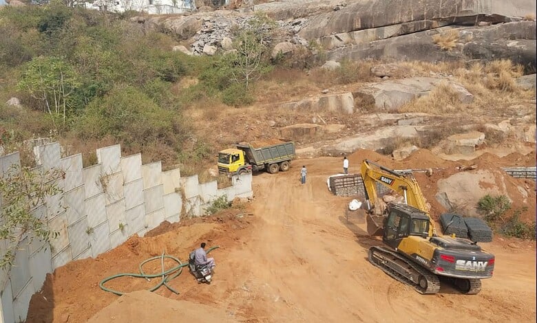 The ongoing construction of the ramp at the Dargah Hazrath Baba Sharfuddin at Pahadi Shareef in Hyderabad