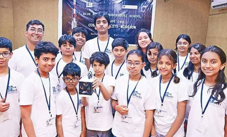 The team of 17 middle-school students from Hyderabad who built the engineered, coded, and assembled a flight-ready satellite.