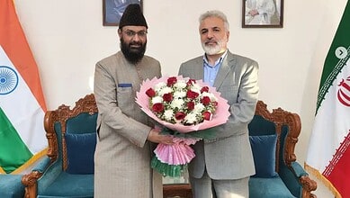 Maulana Qari Syed Mateen Ali Shah Quadri, imam-qateeb of Eid-Gah Seven Tombs, visiting Hamid Ahmadiyeh, the Consul General of Iran.