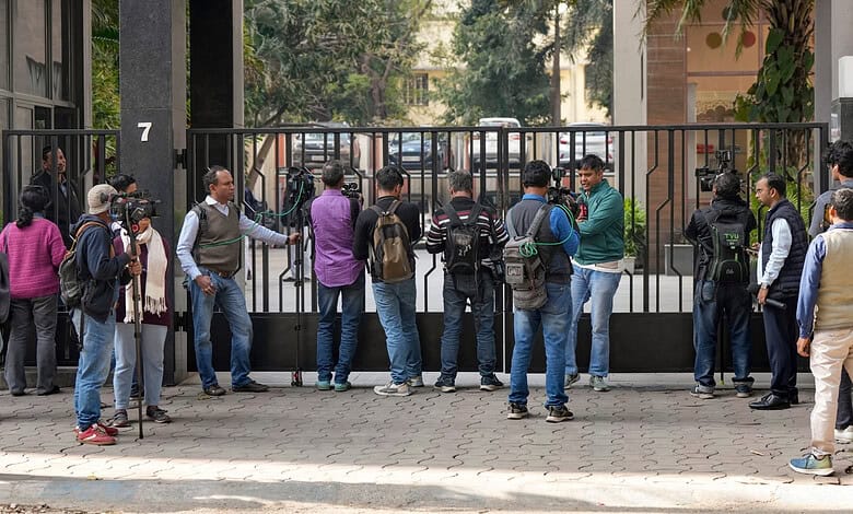 Media personnel outside the residence of Pratik Jain, director of political consultancy firm I-PAC, in Kolkata.