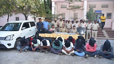 Warangal police presents accused arrested in Bhu Bharathi scam during a press conference