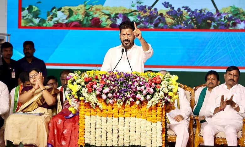 Telangana CM Revanth Reddy addresses a meeting in Nirmal district