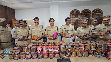 Hyderabad police pose with the seized Chinese Manja bobbins worth Rs 1.88 lakh