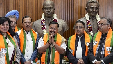 BJP's newly elected national president Nitin Nabin, center, during a meeting with party office bearers and state presidents at the party headquarters in New Delhi on Wednesday.