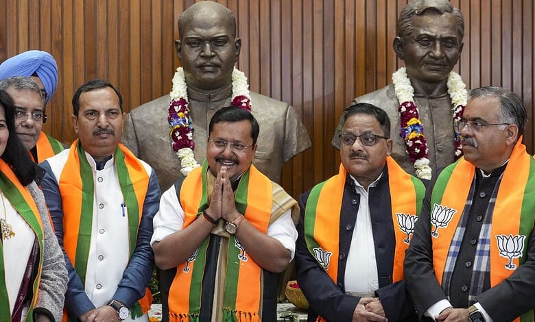BJP's newly elected national president Nitin Nabin, center, during a meeting with party office bearers and state presidents at the party headquarters in New Delhi on Wednesday.