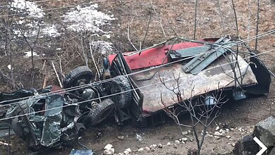 Remains of the Army vehicle that skids off road and plunged into gorge in J&K's Doda; Atleast ten soldiers are feared killed