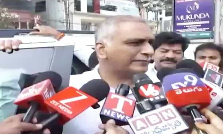 BRS MLA T Harish Rao addresses the media in Hyderabad