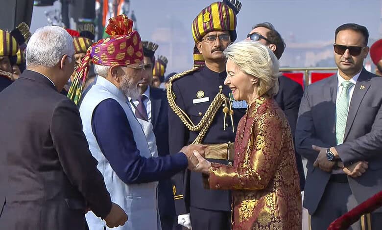 Prime Minister Narendra Modi receives European Commission President Ursula von der Leyen and President of the European Council Antonio Costa during the 77th Republic Parade, at Kartavya Path, in New Delhi
