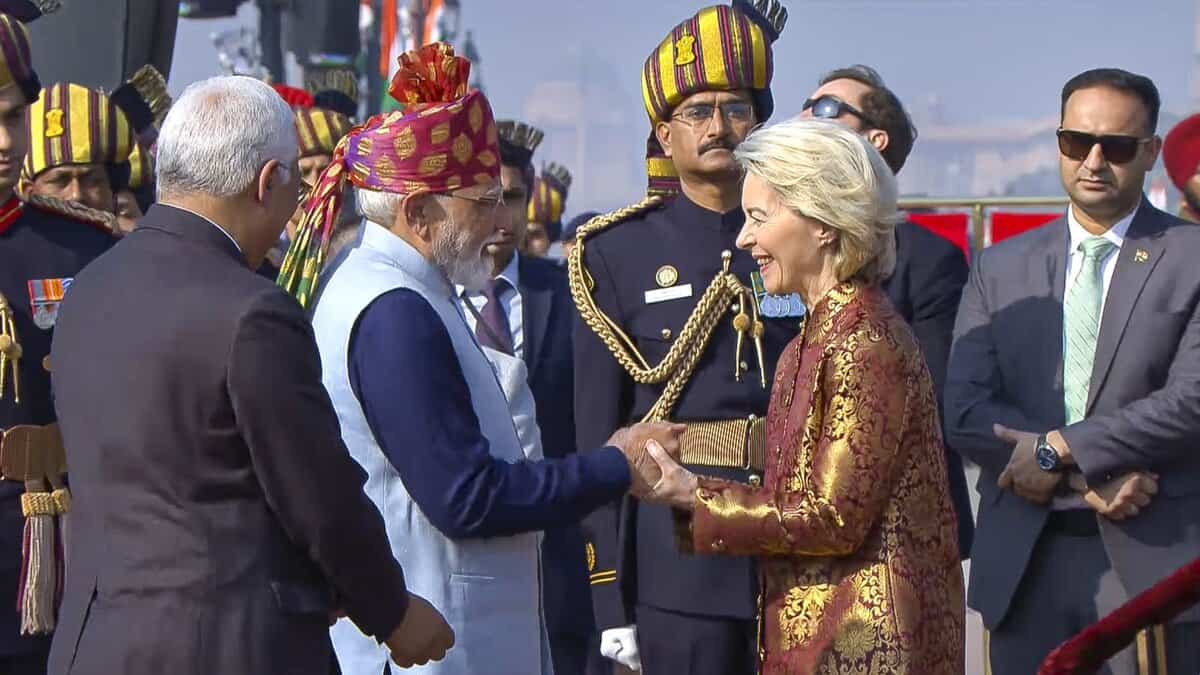 Prime Minister Narendra Modi receives European Commission President Ursula von der Leyen and President of the European Council Antonio Costa during the 77th Republic Parade, at Kartavya Path, in New Delhi