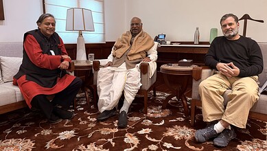 Shashi Tharoor with Congress President Mallikarjun Kharge and Leader of Opposition in Lok Sabha Rahul Gandhi in New Delhi on Thursday