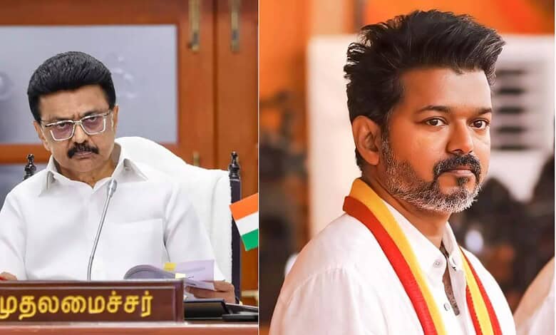Tamil Nadu Chief Minister MK Stalin (left) and TVK president Vijay