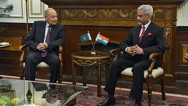 League of Arab States Secretary General Ahmed Aboul Gheit (Left) meets India's External Affairs Minister S Jaishankar