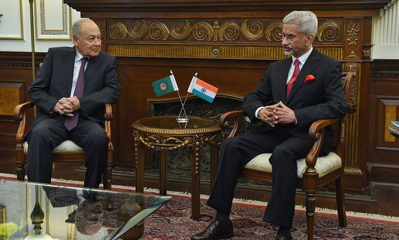 League of Arab States Secretary General Ahmed Aboul Gheit (Left) meets India's External Affairs Minister S Jaishankar