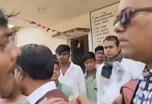 A boy argues with a teacher objecting the participation of Hijab-clad students during a Republic Day celebration in Jharkhand