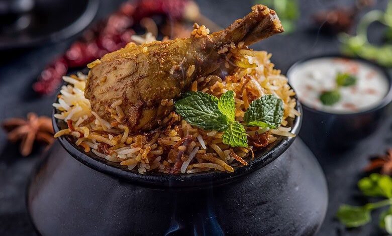 A pot of chicken biryani.