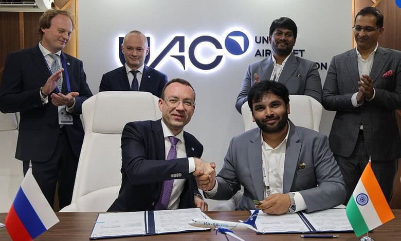 UAC CEO Vadim Badekha (Left) signs agreement with Hyderabad Flamingo Aerospace