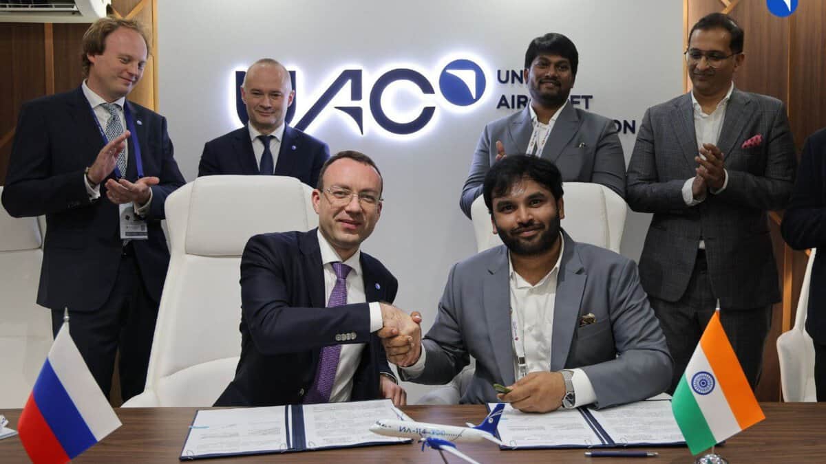 UAC CEO Vadim Badekha (Left) signs agreement with Hyderabad Flamingo Aerospace