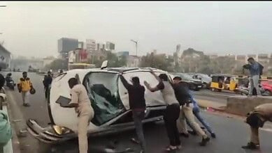 Car overturns on Hyderabad’s Begumpet flyover