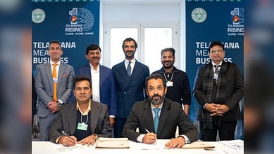Telangana delegation meets UAE Minister of Economy and Tourism Abdulla bin Touq Al Marri at the World Economic Forum 2026